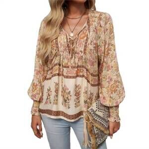 NEW SHEWIN floral bohemia long sleeve v-neck top in brown